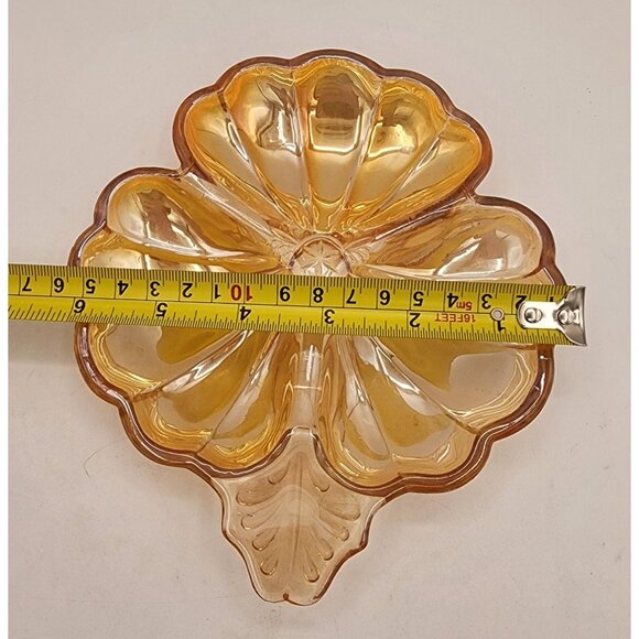 Doric Jeannette Glass Iridescent Amber Clover Leaf Candy Relish Dish Vintage - Picture 4 of 5